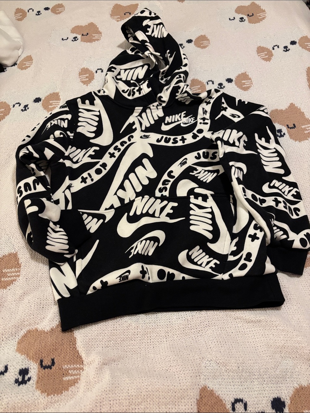 Nike Black & White Allover Logo Pullover Hoodie